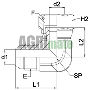 Technical drawing for 90° ADAPTOR
M 1/2” JIC – FS 1/2” JIC 90°