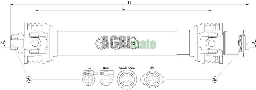 Technical drawing for ECO. DRIVE SHAF W100E – L = 1010 + OVERRUNNING
1” 3/8-6Z x F5/1 – 1” 3/8-6Z – Ooc/Oa