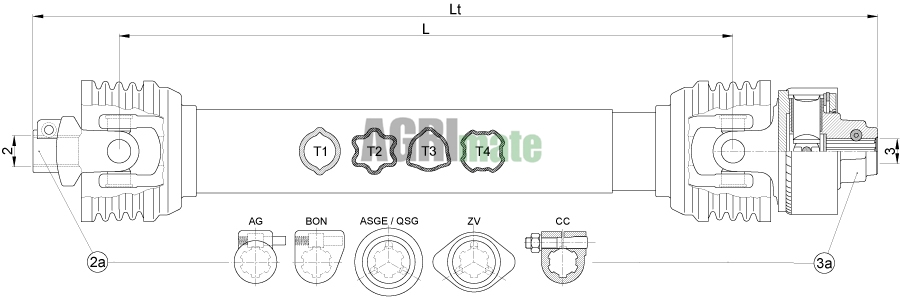 Technical drawing for ECO. DRIVE SHAF W100E – L = 1010 + TORQUE LIMITER
1” 3/8-6Z x K32B(40 daNm) – 1” 3/8-6Z – Ooc/Oa