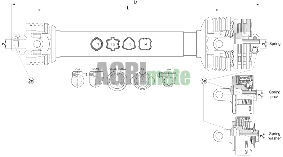 Technical drawing for ECO. DRIVE SHAFT W400E – L = 1010 + TORQUE LIMITER
1” 3/8-6Z x K90/4 – 1” 3/8-6Z – 1b/2a