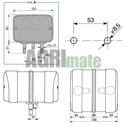 Technical drawing for FRONT & REAR LIGHT
LH-RH – 135 X 120 X 75 MM