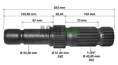 Technical drawing for PTO SHAFT
1” 3/4 – Z=20 – L 233 mm