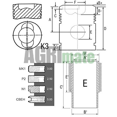 Technical drawing for PISTON-LINER KIT
Ø 102 MM – AXLE Ø 35 MM