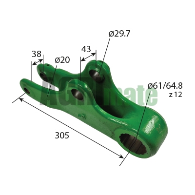 Technical drawing for ROCKSHAFT LIFT ARM
L 305 MM – Ø 20/29.7/64.8 MM -12Z – RH CAT.2