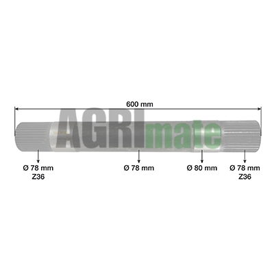 Technical drawing for LIFT ARM SHAFT
L 600 MM – Ø 80 MM – Z 36/36 – CIRCLIPS MOUNTING