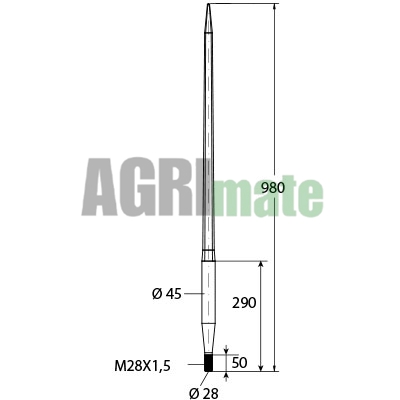 Technical drawing for LOADER TINE STRAIGHT
L 980 mm – Ø 45 mm – M28 x 1.5
