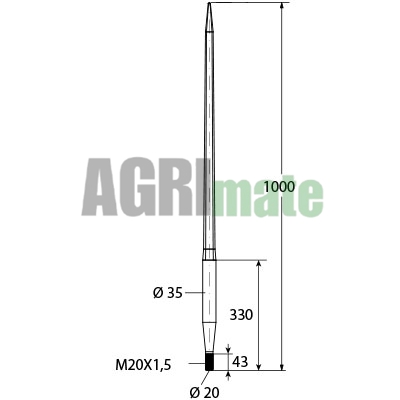 Technical drawing for LOADER TINE STRAIGHT
L 950 mm – Ø 35 mm – M22 x 1.5