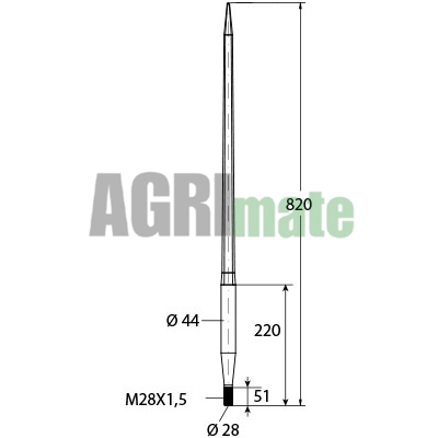 Technical drawing for LOADER TINE
L 820 mm – Ø 44 mm – M28 x 1.5