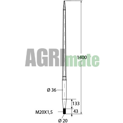 Technical drawing for LOADER TINE
L 1400 mm – Ø 36 mm – M20 x 1.5