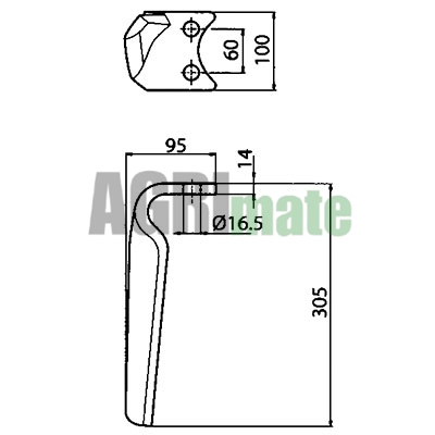 Technical drawing for POWER HARROW TINE
RH FORGED – 305 X 14 MM