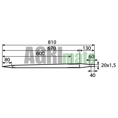 Technical drawing for LOADER TINE SQUARE
L 810 mm – Ø 36 mm – M20 x 1.5